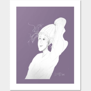 sketch of a woman with windswept hair and long ponytail Posters and Art